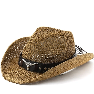 Straw Cowboy Hat Breathable Hollow Woven Sun Protection Western Style Wide Curved Brim Leather Band Metal Bull Head Decoration