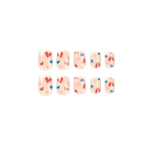 Press on nails with red blue hearts on nude pink base, short square oval shape set