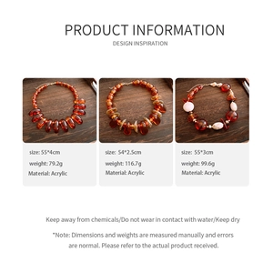 Detailed size and weight specs for amber acrylic irregular beaded necklaces on wood