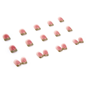 Pink gradient press-on nails with olive green French tips and glossy finish set