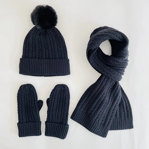 Women Winter Warm Cable Knit Beanie Hat Scarf And Mittens With Pom Fleece Lined Thick Outdoor Cold Weather Accessory