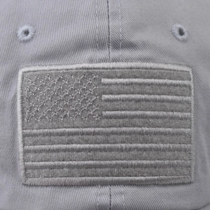 Gray washed cotton baseball cap with embroidered American flag design for Independence Day