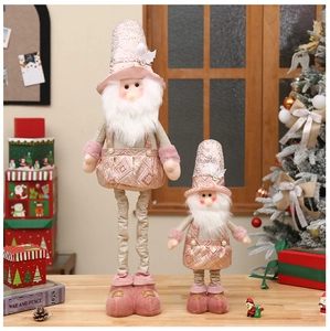 Detailed view of two pink telescopic Christmas snowmen with sequins and plush fabric