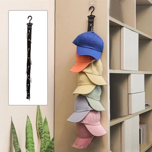 Vertical hat organizer with metal clips and black webbing strap for closet storage