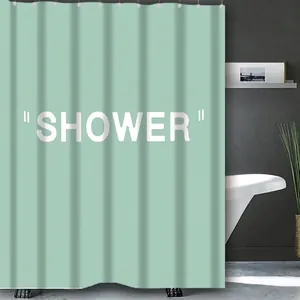 Rideau de douche imperméable vert menthe avec impression texte SHOWER blanc épuré