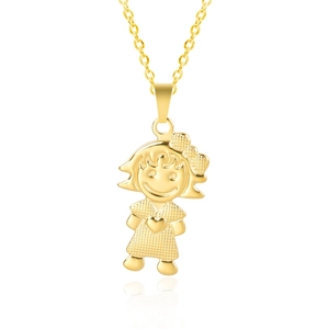 Close-up of 18k gold plated girl pendant with bow and heart detail on white background