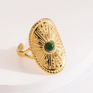 Vintage gold stainless steel shield ring with green natural stone and sunburst texture