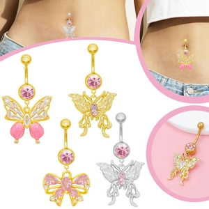 Fashion Zinc Alloy Butterfly Belly Button Ring Pink Rhinestone Inlaid Gold Silver Curved Bar Body Piercing Jewelry For Women
