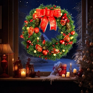 Close-up of a Christmas wreath with red bows, pine cones and warm LED lights on a window