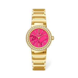 Montre dorée pour femme avec cadran marbre rose et lunette strass sur fond blanc