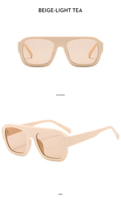 Detail view of beige square oversized sunglasses with light tea lenses in two angles