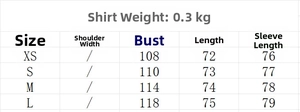 Detailed size guide table for women's loose casual shirt with chest and length metrics