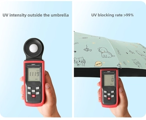 Detail showing UV protection test results for green sun umbrella with cartoon pattern