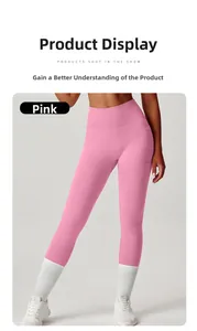 Detailed view of pink high-waisted yoga leggings with side pockets and smooth seam texture