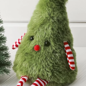 Close-up of cute plush Christmas tree doll with forest green fur and striped legs