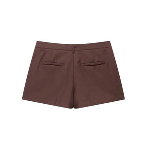 Detailed back view of dark brown shorts showing belt loops and welt pockets on white background