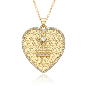 Gold heart pendant necklace with cross and zircon stones featuring French engraving
