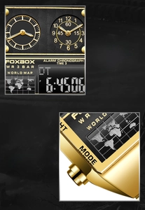 Detailed close-up of a gold dual-display sports watch with alarm and world map feature