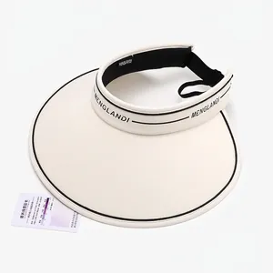 Women's UV protection wide brim sun hat in cream with black trim and adjustable strap