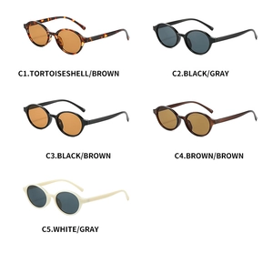 Detailed flat lay of five assorted oval frame sunglasses in various retro color combinations