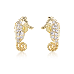 Elegant gold S925 silver seahorse stud earrings with pavé zircon stones on white background