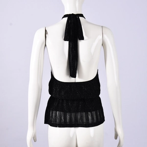 Detailed back view of a black halter neck top with striped texture and open back ties