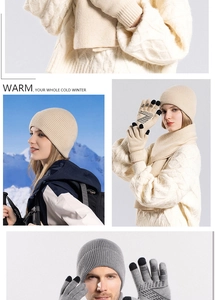 Detail of winter knit set featuring touch screen gloves and warm thermal fleece texture
