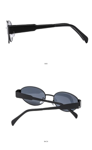 Side and back view of retro oval metal sunglasses with sleek black lenses and frames