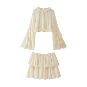 Completo Da Donna Top Corto A Maniche Lunghe Con Volant In Chiffon E Minigonna A Balze Elegante Beige