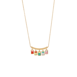 Minimalist gold necklace with five colorful rectangular glass pendants on white background