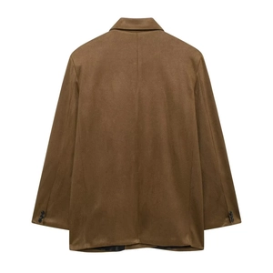 Men's brown suede blazer jacket with smooth texture and buttons shown from the back