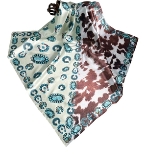 Western style silk square scarf with cow print and turquoise pattern for women