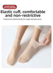 Detail of sheer nude mesh socks with delicate lace hollow cuffs and elastic finish