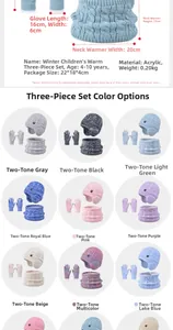 Detailed size chart for kids winter knit hat, scarf, and gloves set in multiple colors