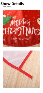 Detail of red Christmas tree skirt showing festive print and white mesh backing texture