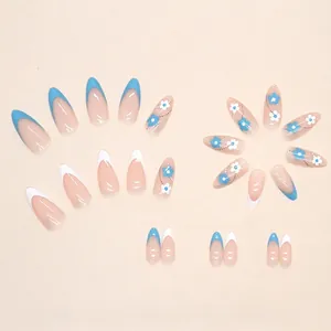 Blue and white floral almond press-on nails set with elegant French manicure design