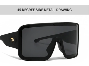Detail view of oversized mask sunglasses featuring matte black frame and gold side logo
