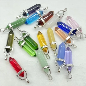 Set of colorful hexagonal natural crystal point pendants with silver metal clasps