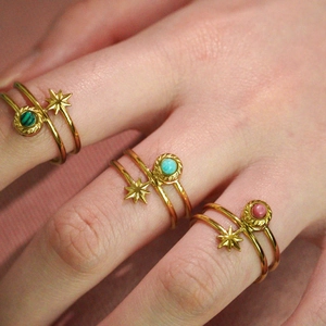 Bague Ouverte en Acier Inoxydable Vintage Étoile à Huit Branches Pierre Naturelle Malachite Œil de Tigre Ajustable