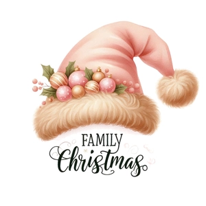 Sticker mural bonnet de Noël rose avec feuilles de houx et paillettes dorées sur fond blanc
