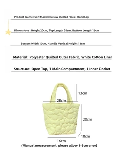 Detailed size chart for floral quilted handbag with measurements and polyester material