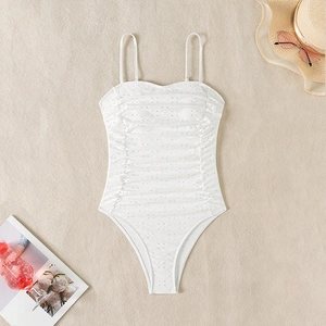 Women Ruched Eyelet Broderie Anglaise One-Piece Swimsuit Slimming Spaghetti Strap Breathable Beachwear