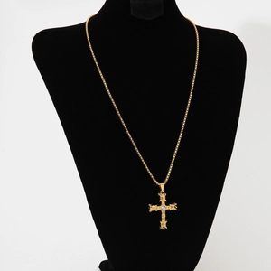 Stainless Steel Cross Pendant Necklace With Clear Zircon Crown Detail Gothic Hiphop Style Vintage Textured Jewelry