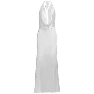Detailed back view of white satin dress featuring deep V neck and elegant tie straps