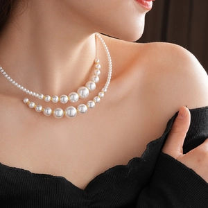 Detail of layered faux pearl choker necklace with gold beads on model neckline