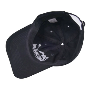 Black cotton baseball cap with Fully Vaccinated embroidery shown from an interior view