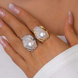 Baroque Irregular Artificial Pearl Ring For Women Alloy Lava Texture Geometric Oval Large Adjustable Elegant Vintage Niche Jewelry