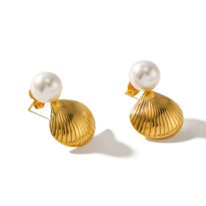 Minimalist stainless steel shell earrings with pearl studs in gold finish