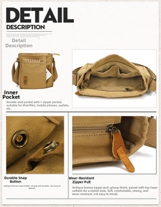 Detail view of khaki canvas crossbody bag showing inner pockets and bronze metal buckle