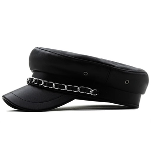 Women's black PU leather military cap with silver chain detail on a white background